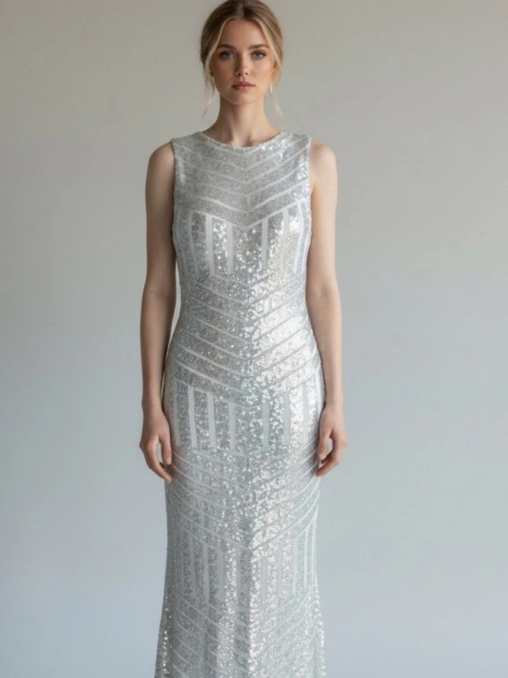 Y L Mei Silver Sequin Sheath Dress - Elegant Sleeveless Evening Gown Elegant M